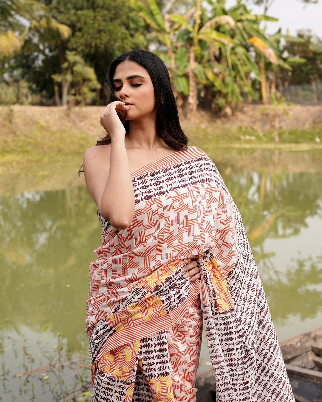 Maroon Fish and Stripes Block Printed Saree