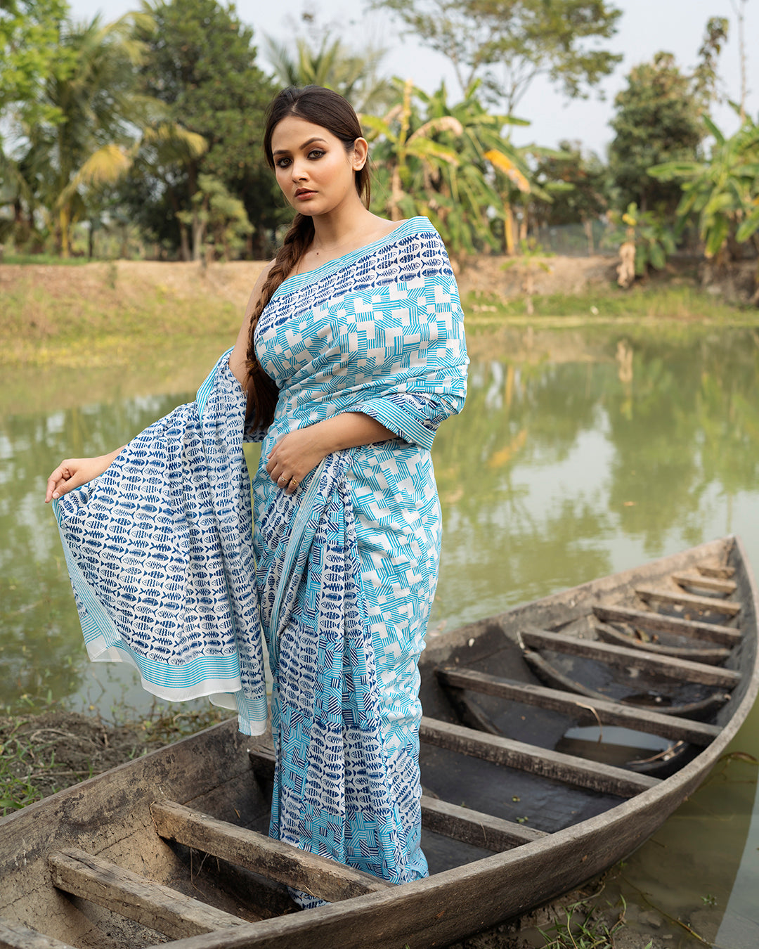 Blue Fish and Stripes Block Printed Saree