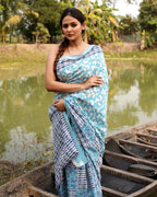 Blue Fish and Stripes Block Printed Saree