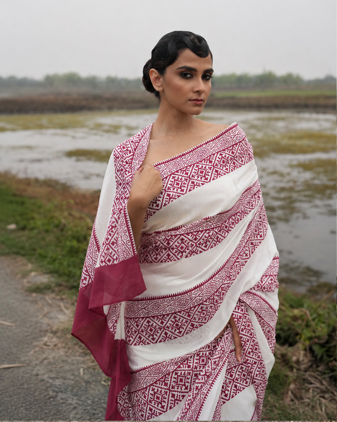 Maroon Geometrical Pattern Block Printed Saree