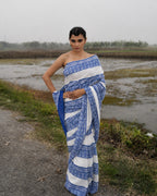 Blue Geometrical Pattern Block Printed Saree