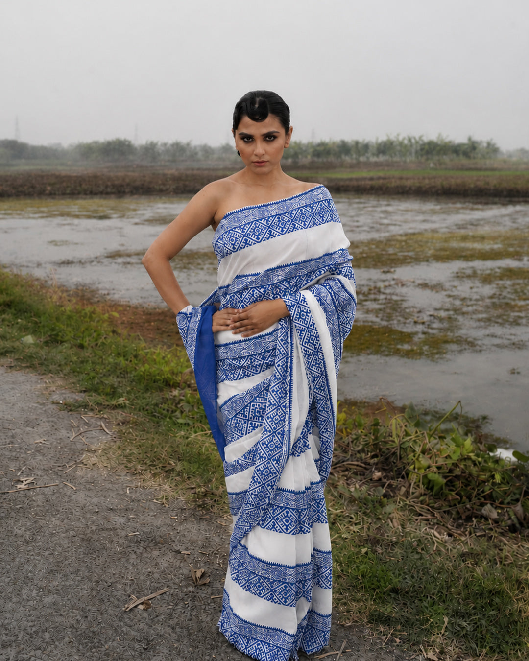 Blue Geometrical Pattern Block Printed Saree