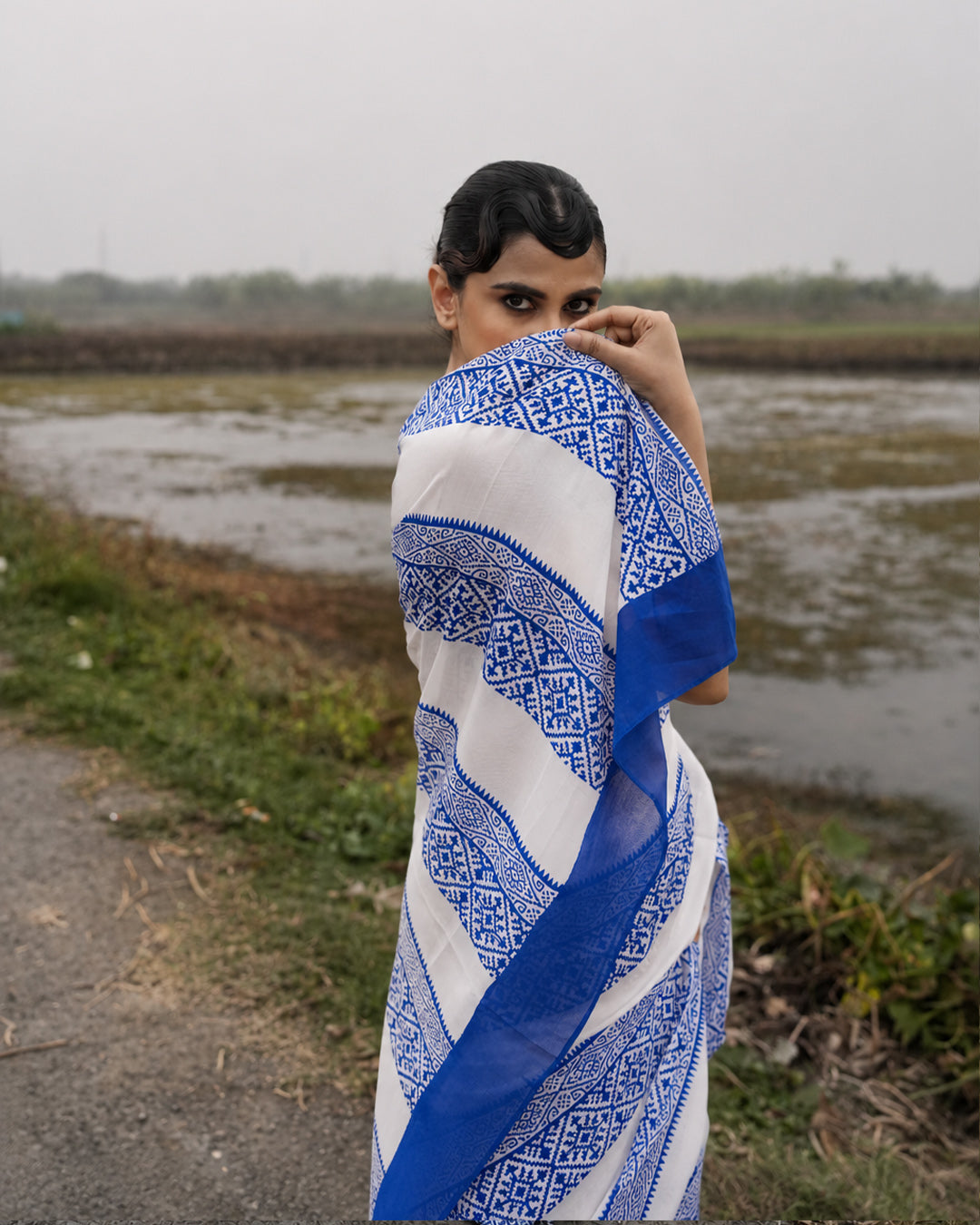 Blue Geometrical Pattern Block Printed Saree