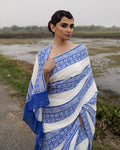 Blue Geometrical Pattern Block Printed Saree