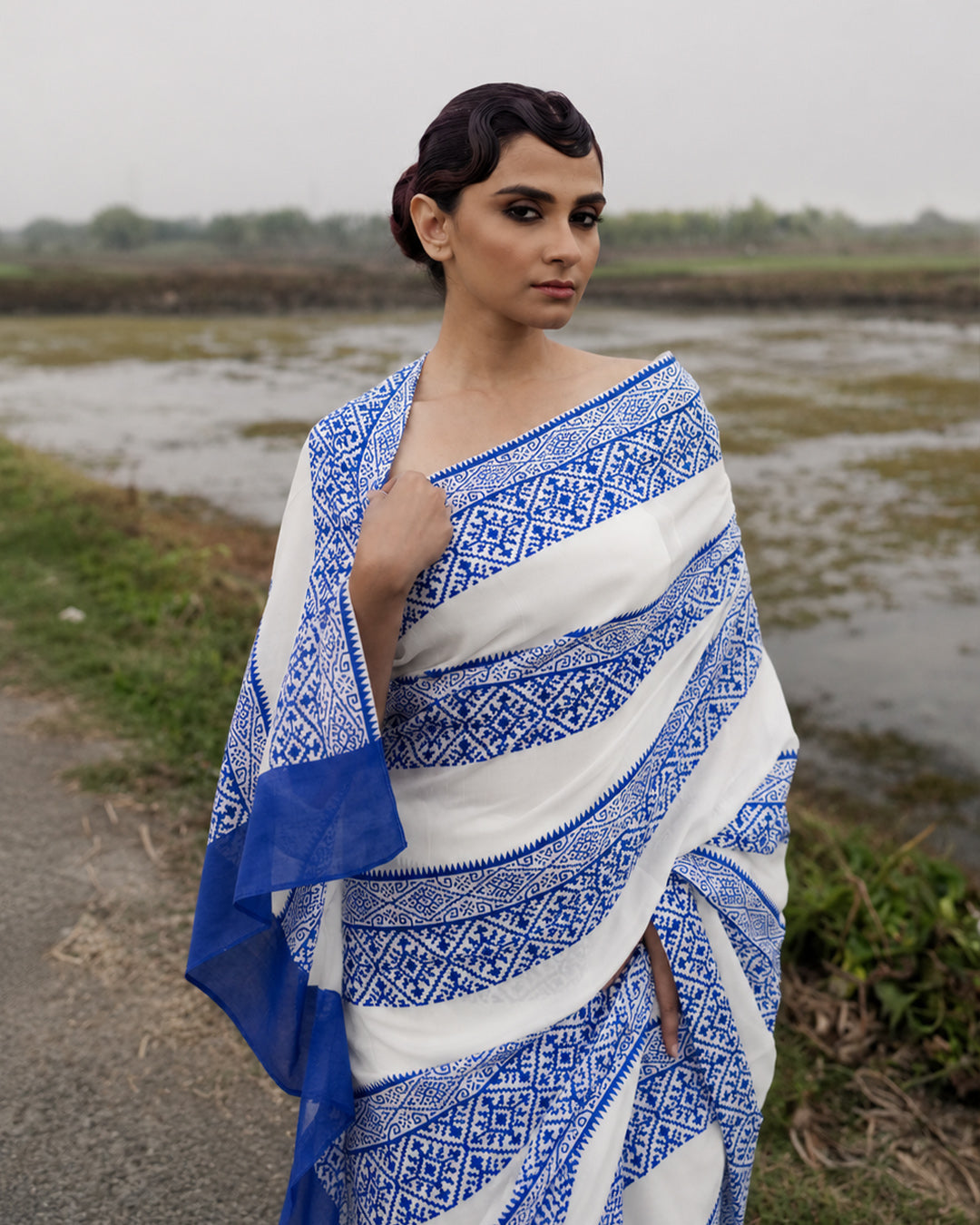 Blue Geometrical Pattern Block Printed Saree