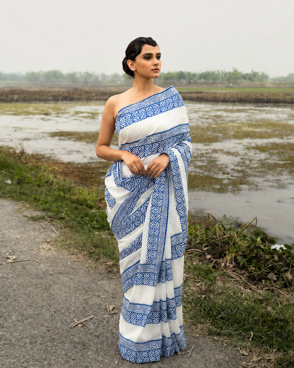 Blue Geometrical Pattern Block Printed Saree