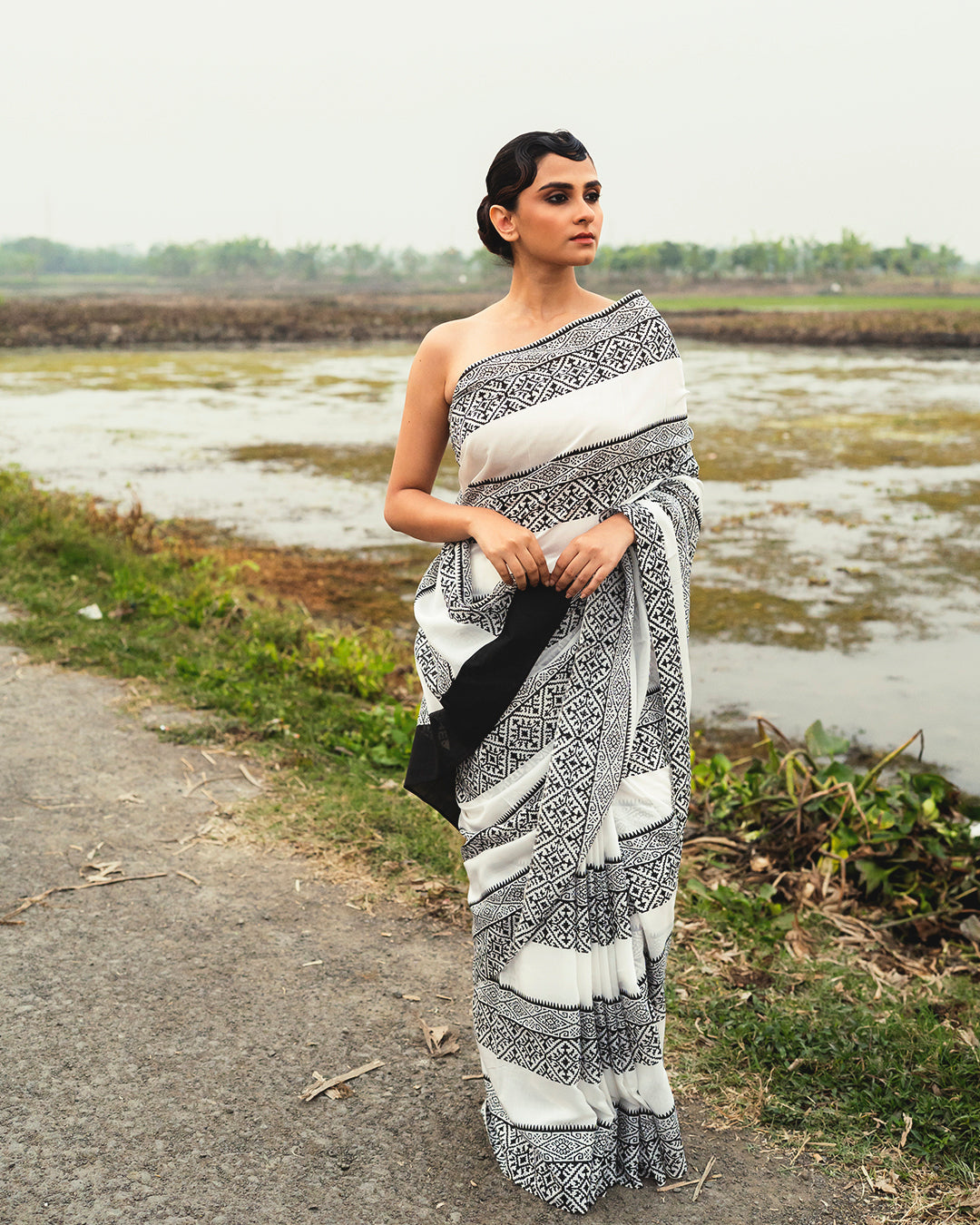 Black Geometrical Pattern Block Printed Saree