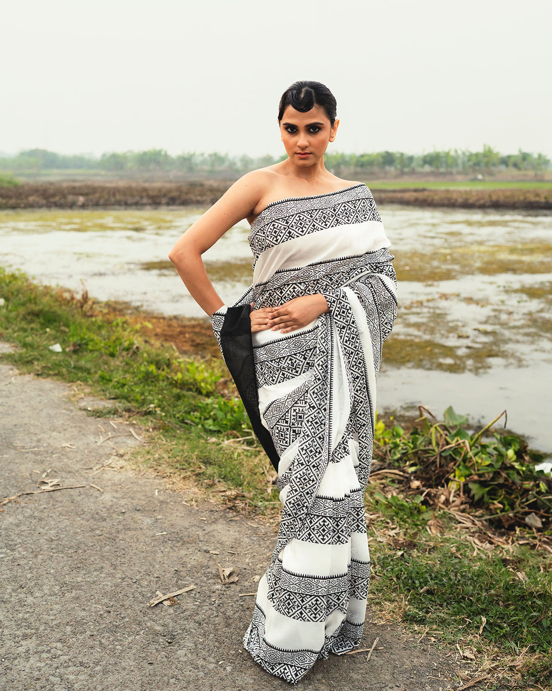 Black Geometrical Pattern Block Printed Saree