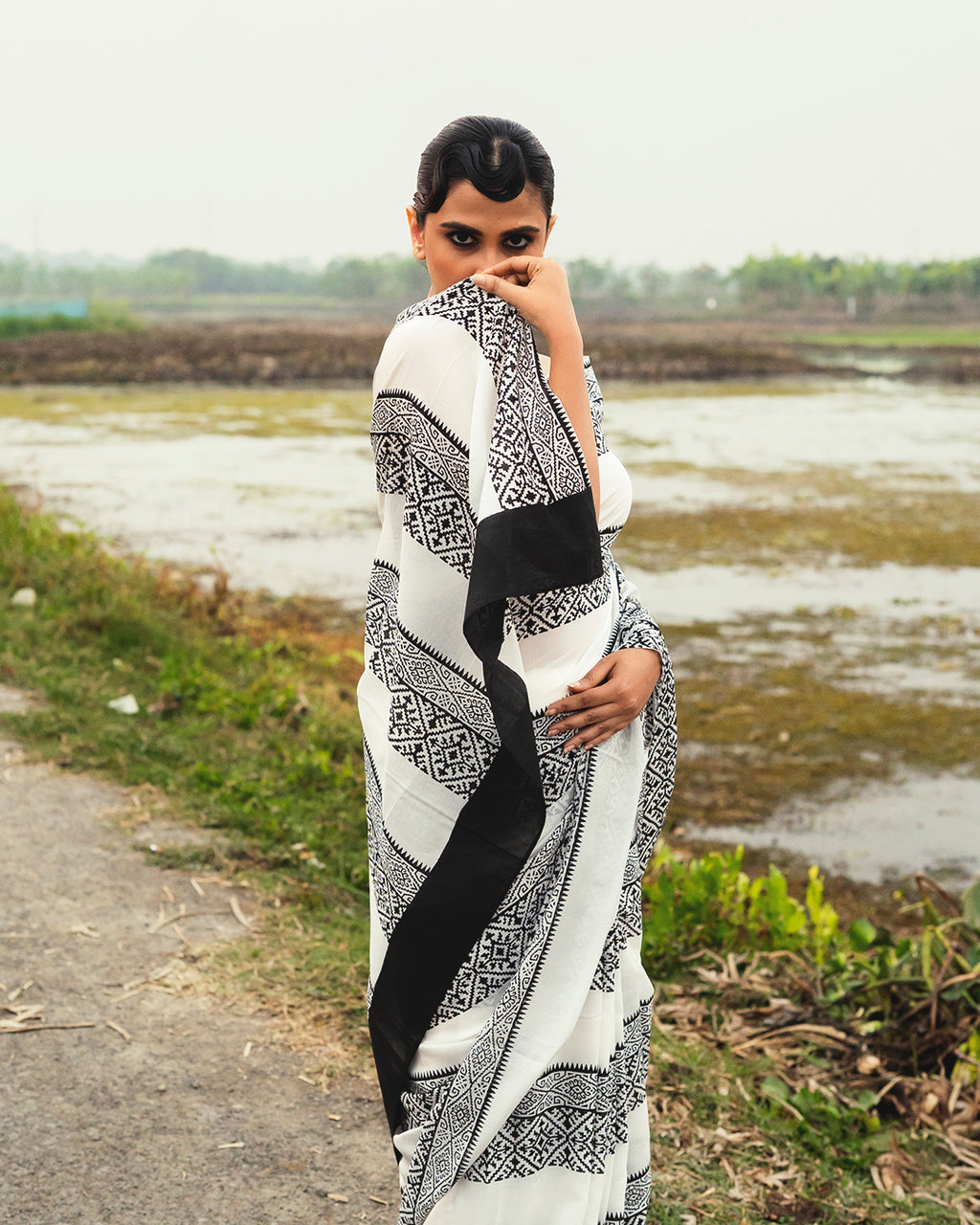 Black Geometrical Pattern Block Printed Saree