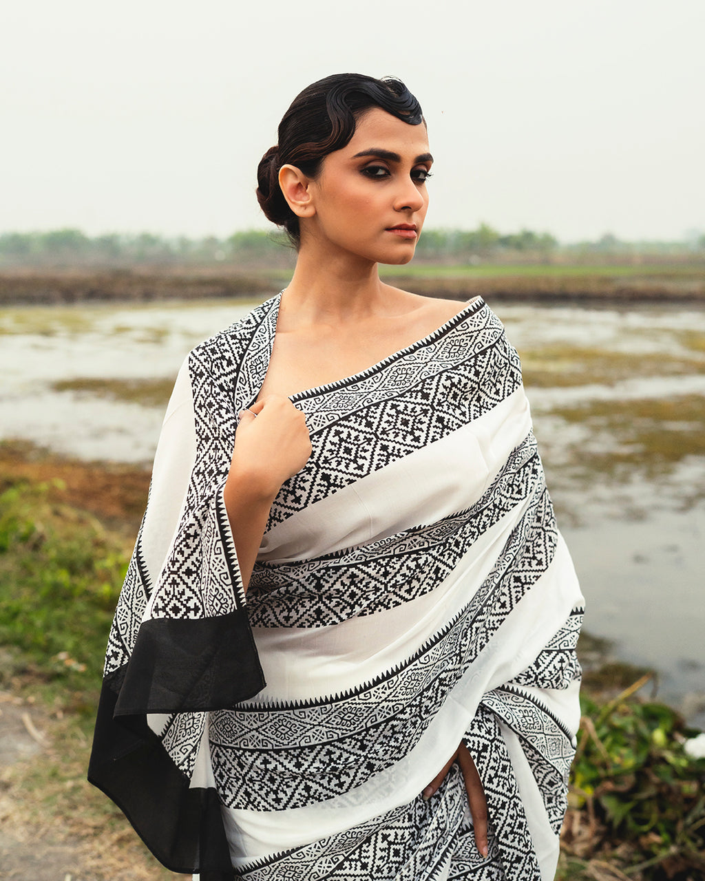 Black Geometrical Pattern Block Printed Saree