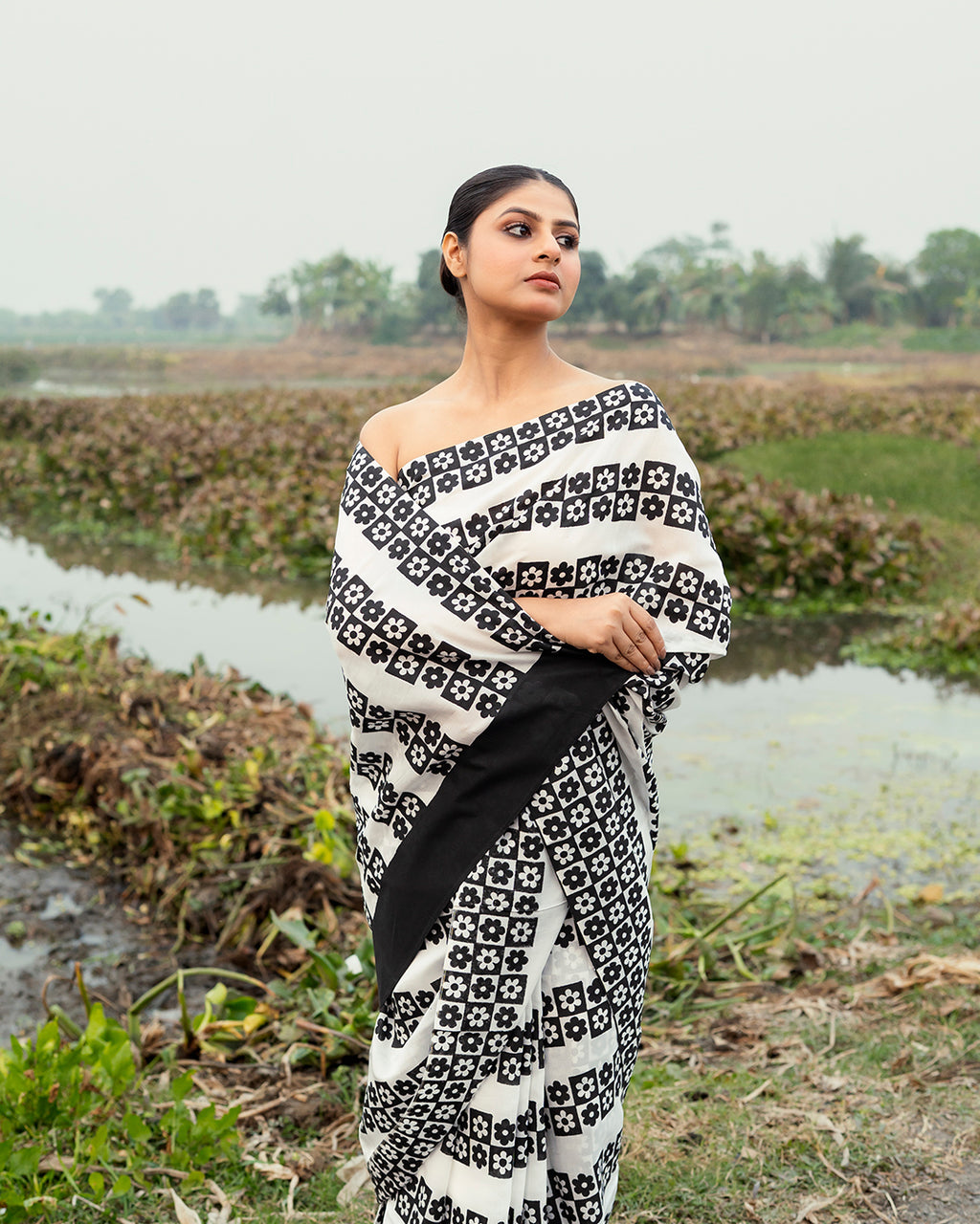 Black Floral Pattern Block Printed Saree