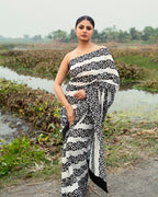 Black Floral Pattern Block Printed Saree