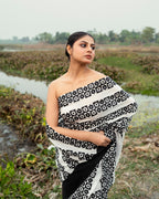 Black Floral Pattern Block Printed Saree