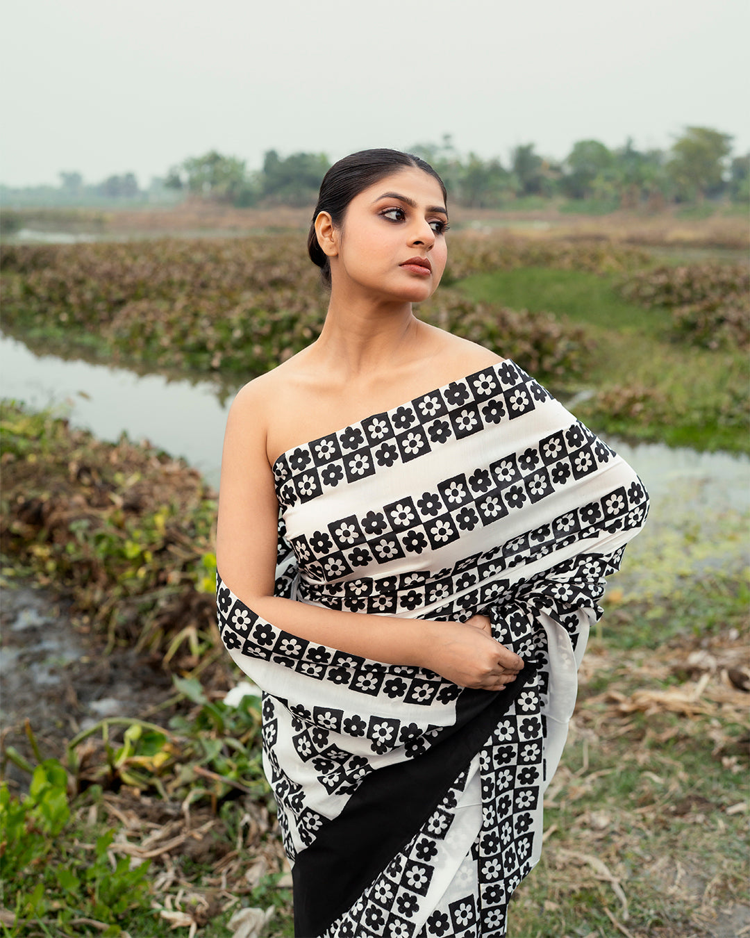 Black Floral Pattern Block Printed Saree