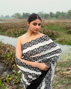 Black Floral Pattern Block Printed Saree