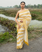 Yellow Floral Pattern Block Printed Saree