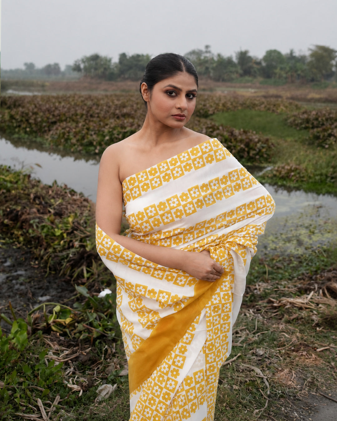 Yellow Floral Pattern Block Printed Saree