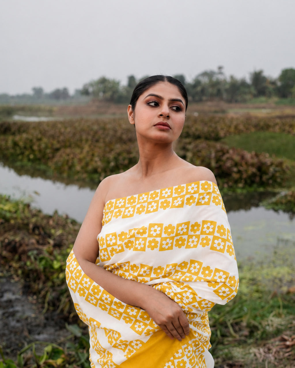 Yellow Floral Pattern Block Printed Saree
