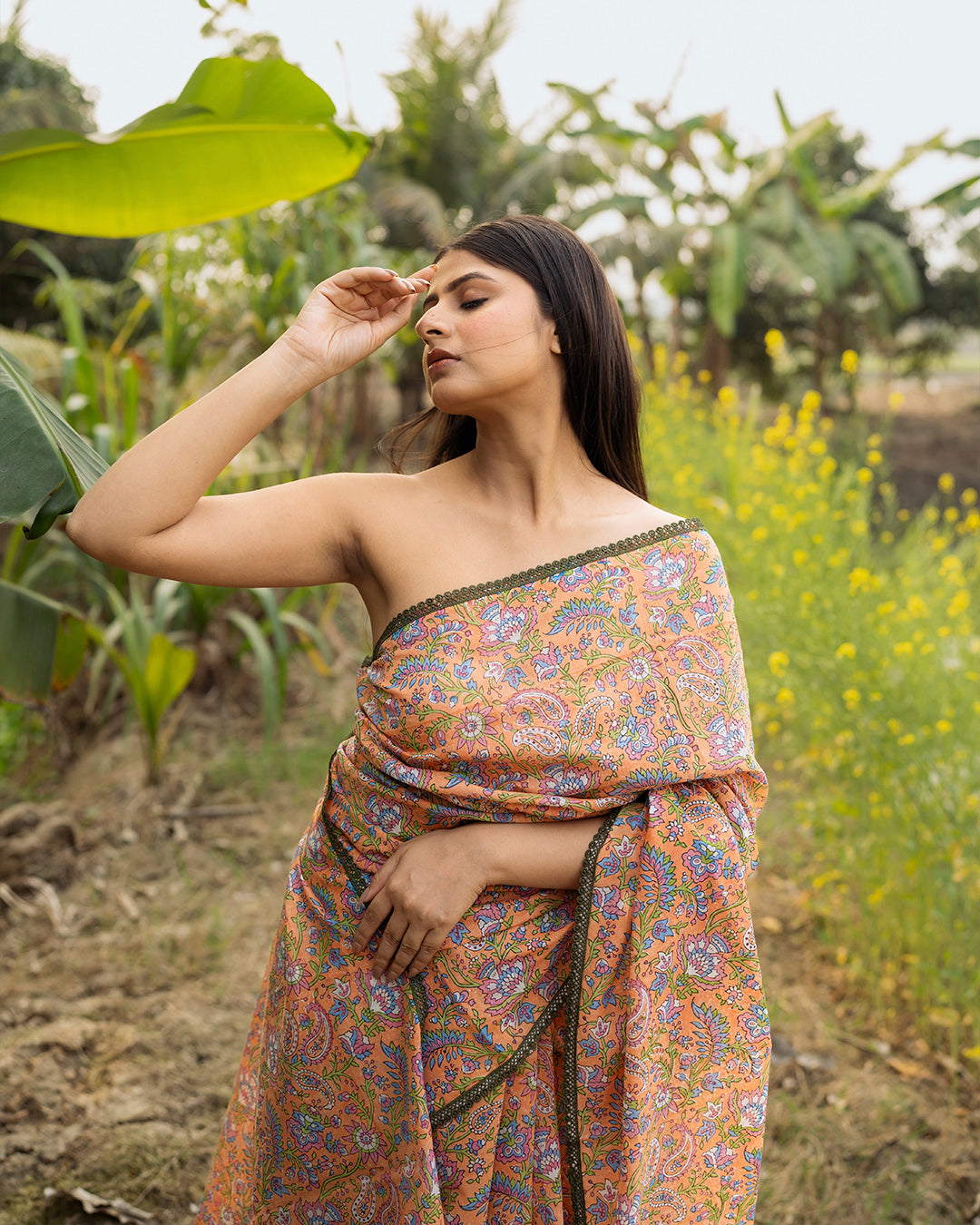 Floral Kalamkari Block Printed Saree (Orange)