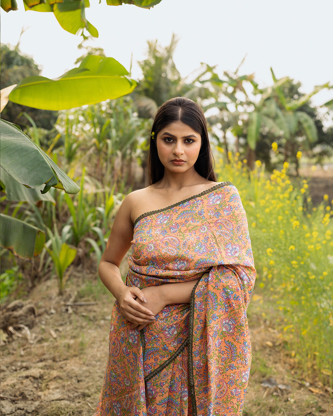 Floral Kalamkari Block Printed Saree (Orange)