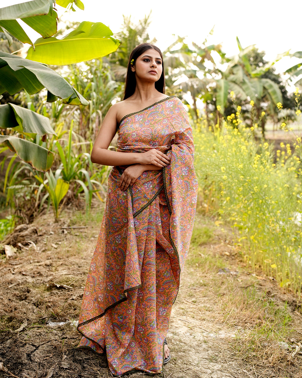 Floral Kalamkari Block Printed Saree (Orange)