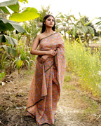 Floral Kalamkari Block Printed Saree (Orange)