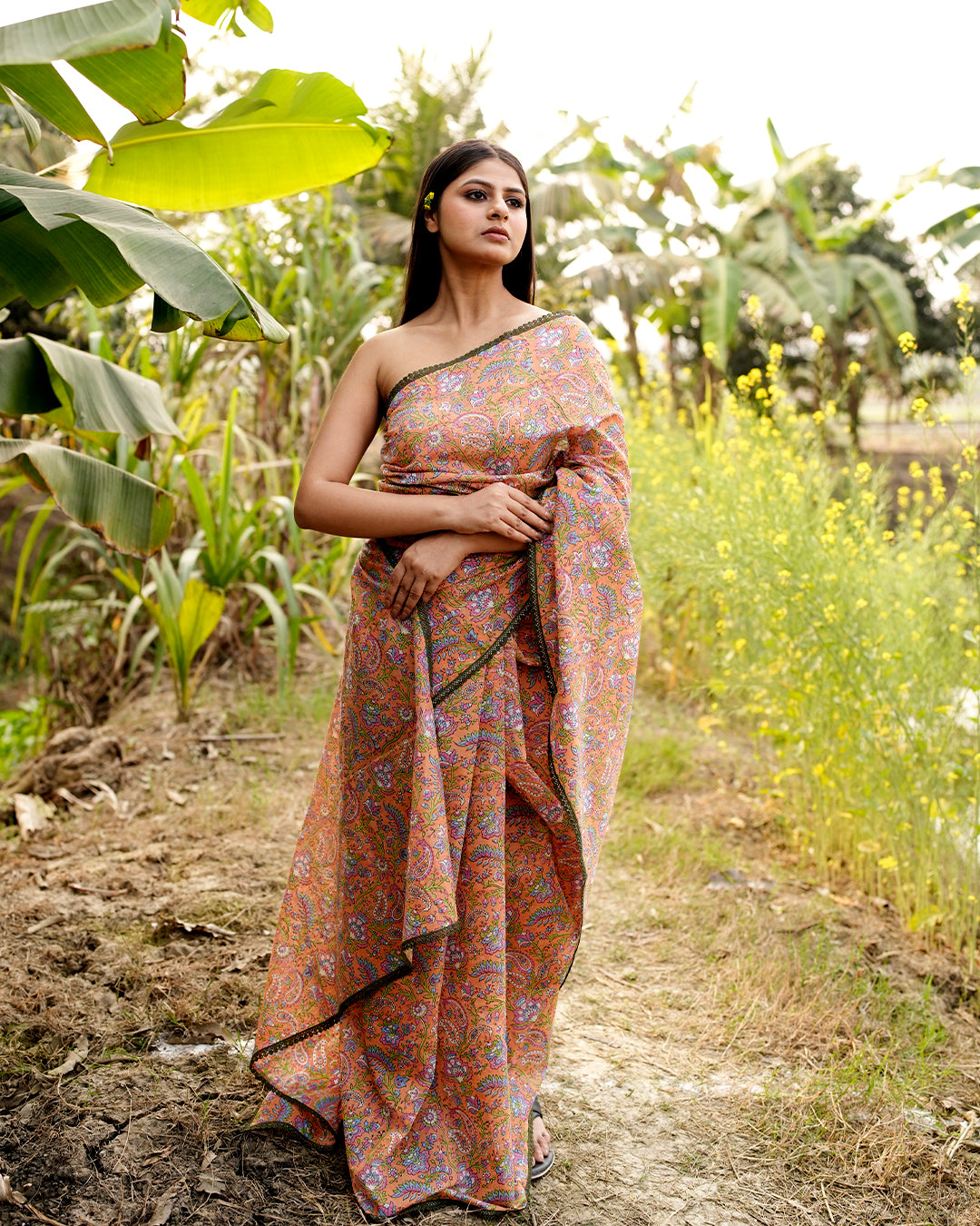 Floral Kalamkari Block Printed Saree (Orange)