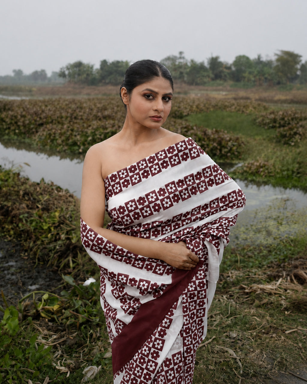Maroon Floral Pattern Block Printed Saree