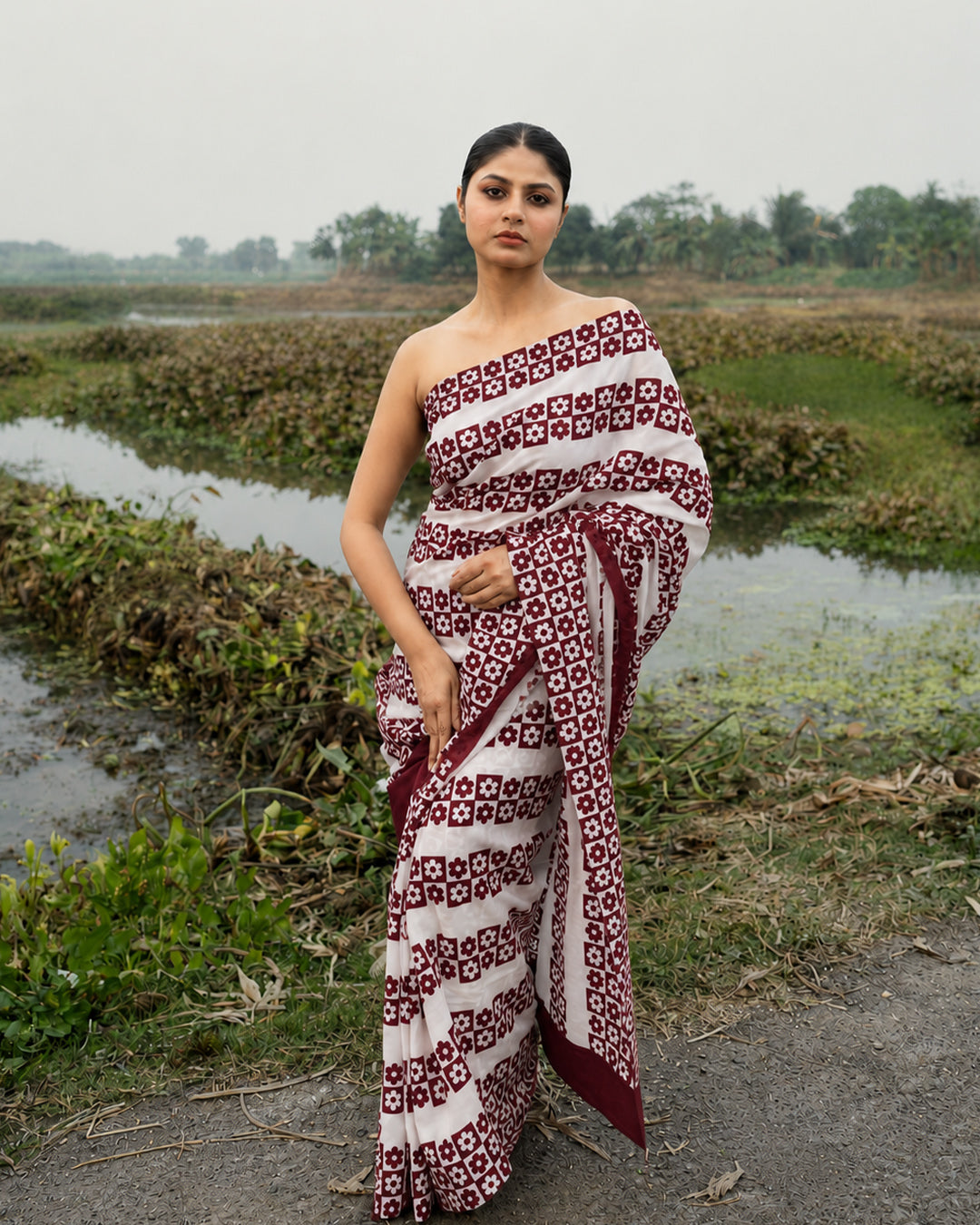 Maroon Floral Pattern Block Printed Saree