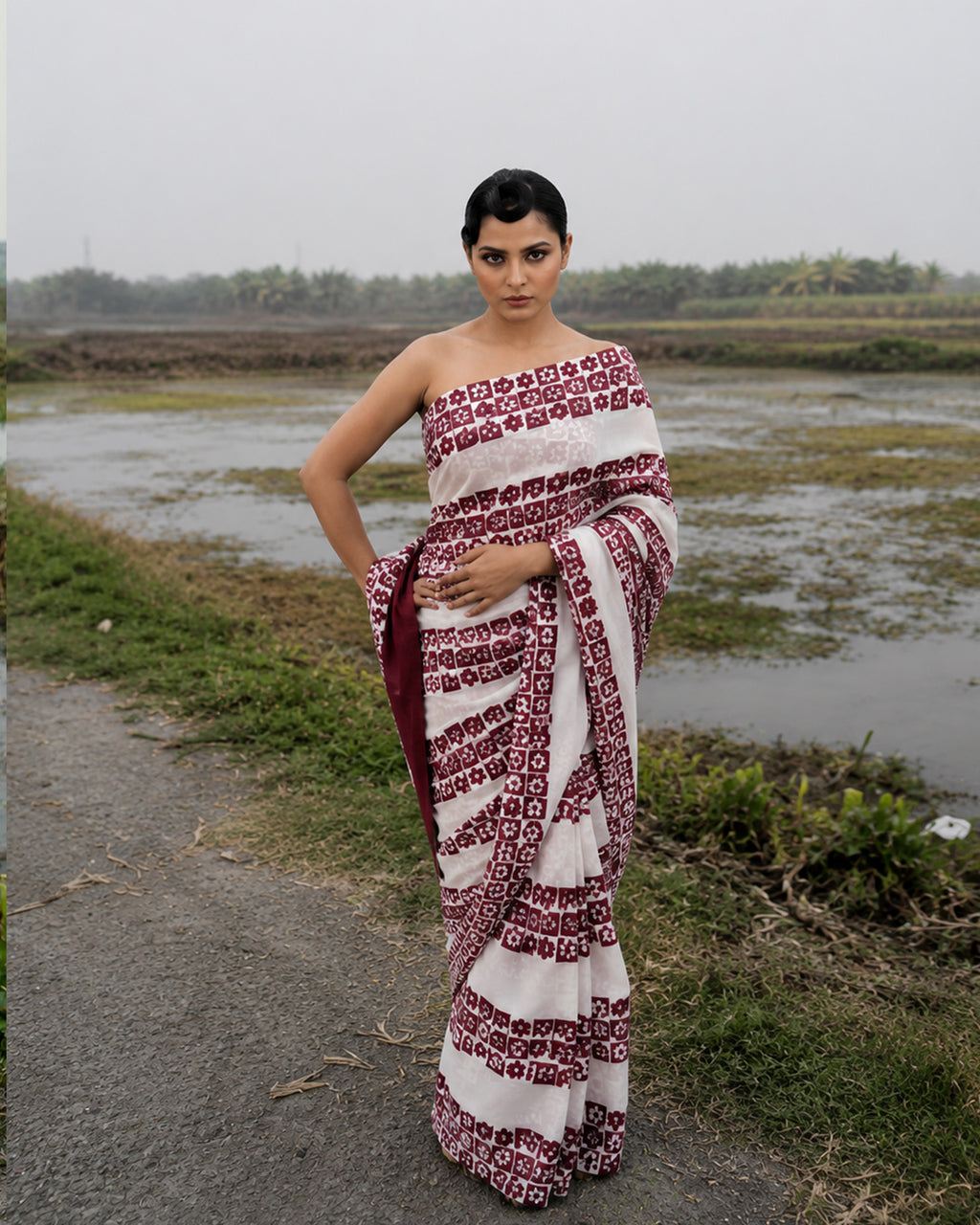Maroon Floral Pattern Block Printed Saree