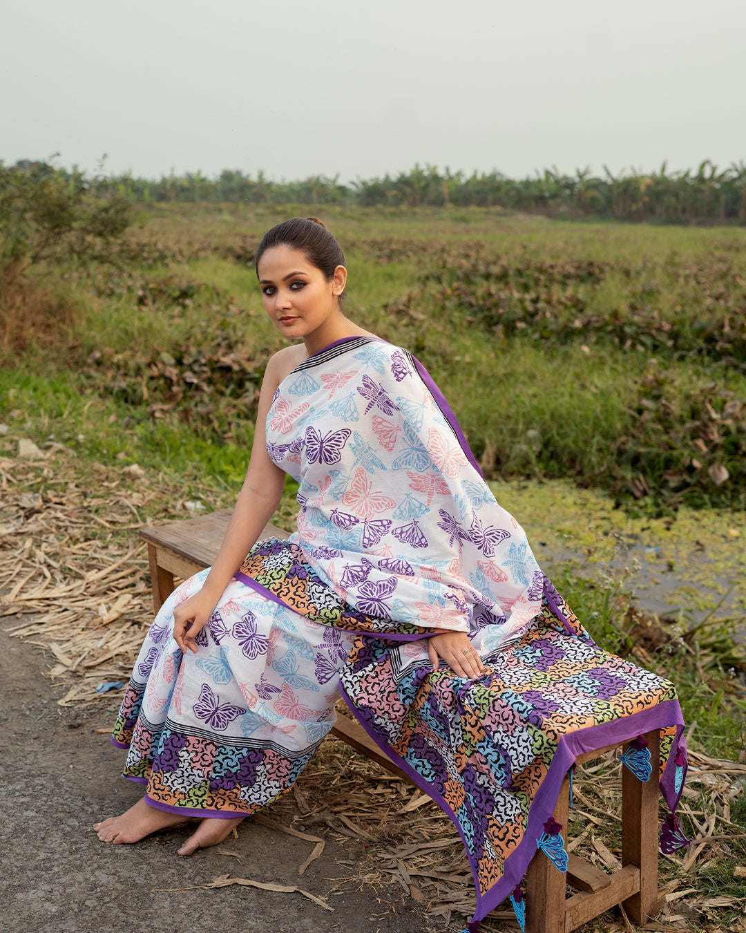 Butterfly with Abstract Border Block Printed Saree