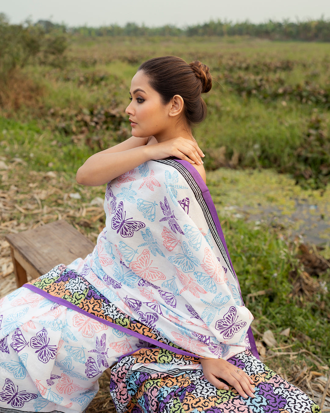 Butterfly with Abstract Border Block Printed Saree