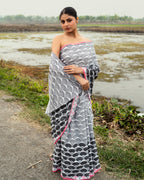 Gray and Black Geometrical Pattern Block Printed Saree