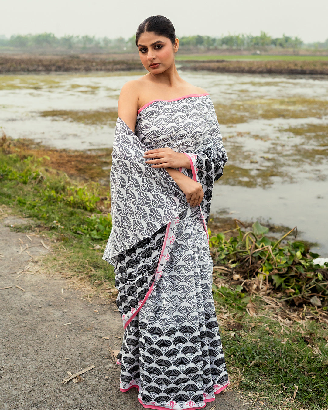 Gray and Black Geometrical Pattern Block Printed Saree