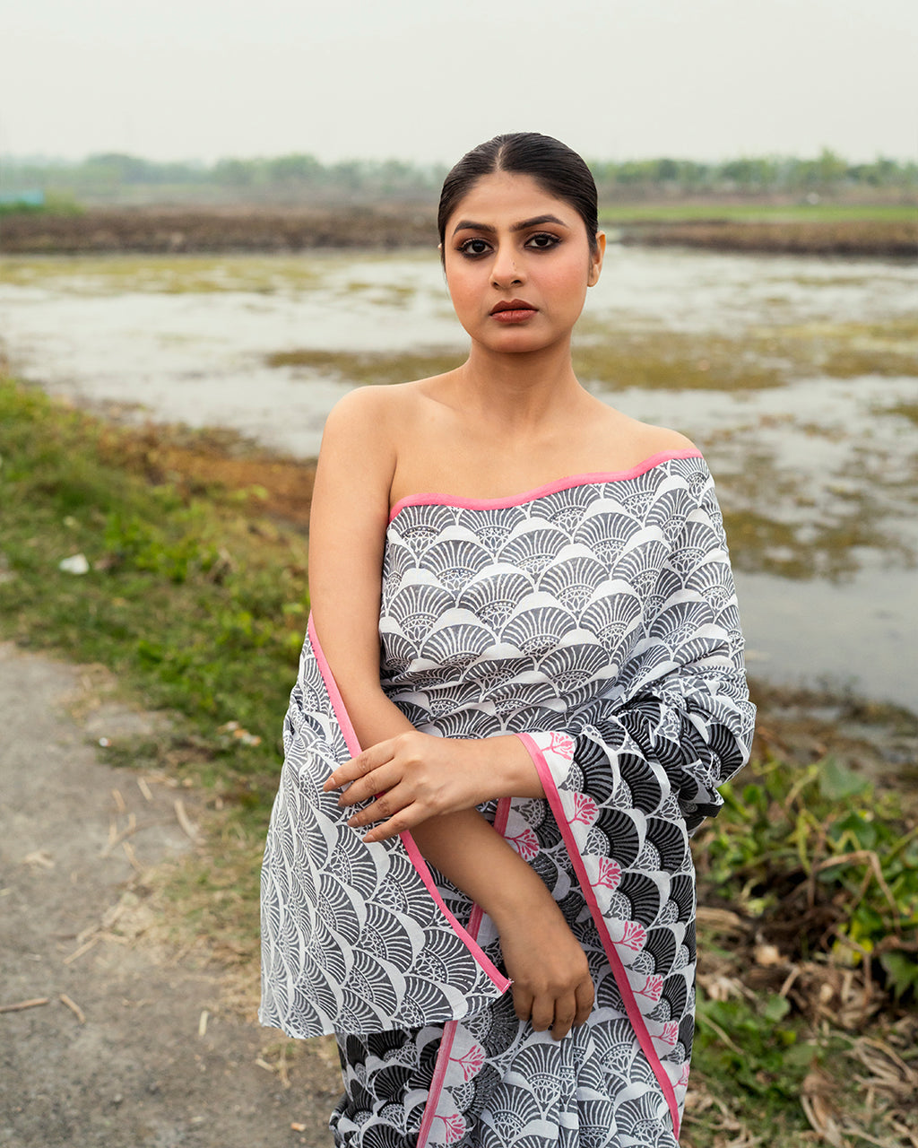 Gray and Black Geometrical Pattern Block Printed Saree