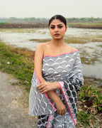 Gray and Black Geometrical Pattern Block Printed Saree