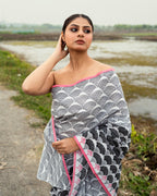 Gray and Black Geometrical Pattern Block Printed Saree