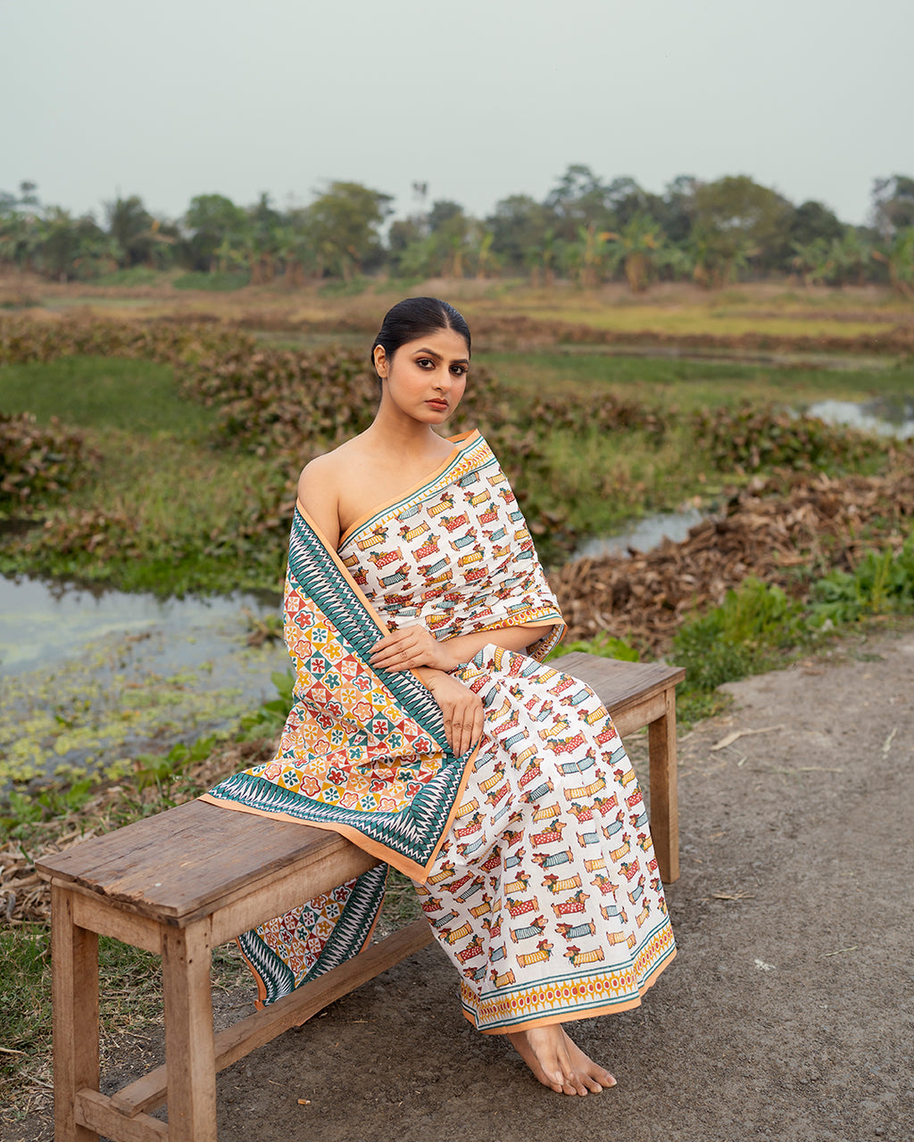 Daschund Dog Motif Block Printed Saree