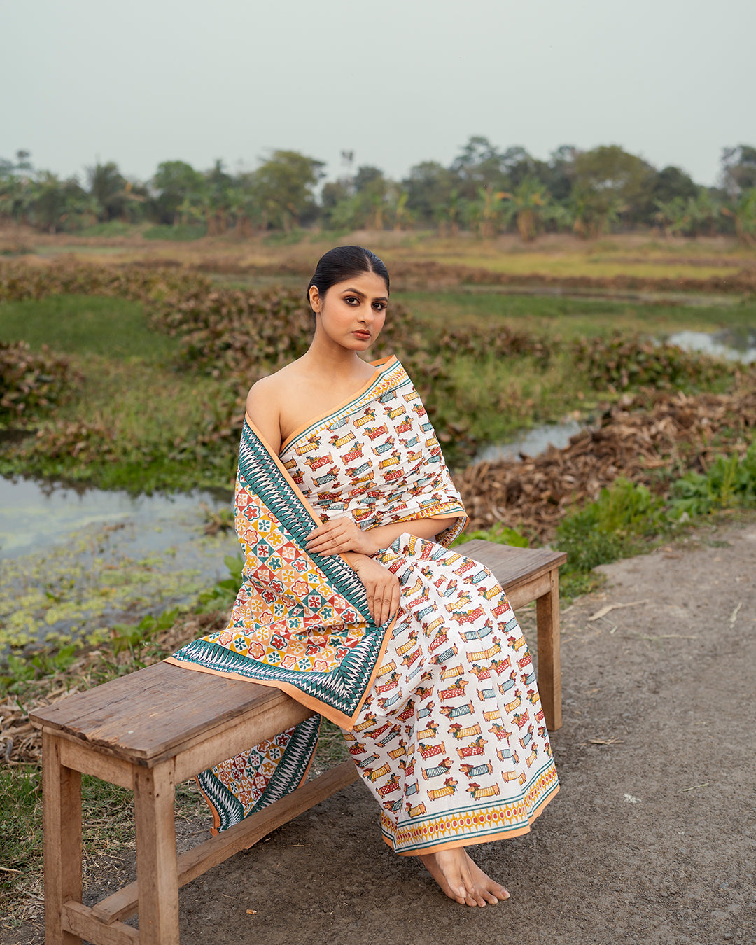 Daschund Dog Motif Block Printed Saree