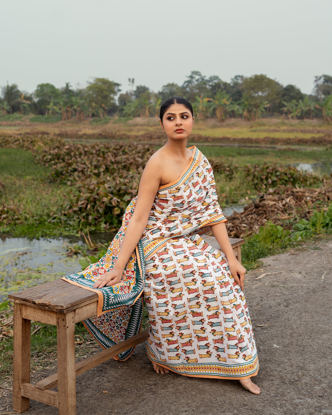 Daschund Dog Motif Block Printed Saree
