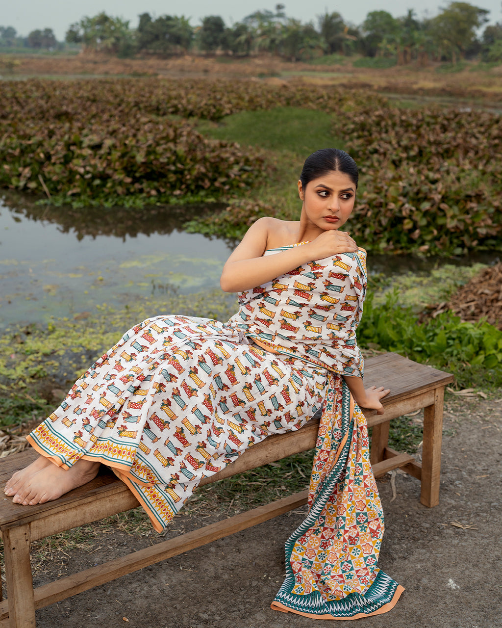 Daschund Dog Motif Block Printed Saree