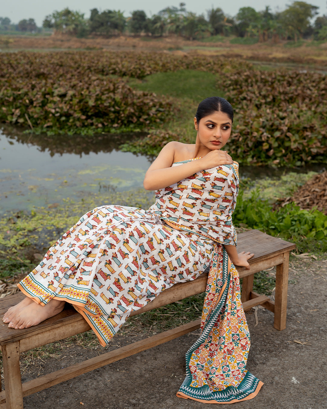 Daschund Dog Motif Block Printed Saree