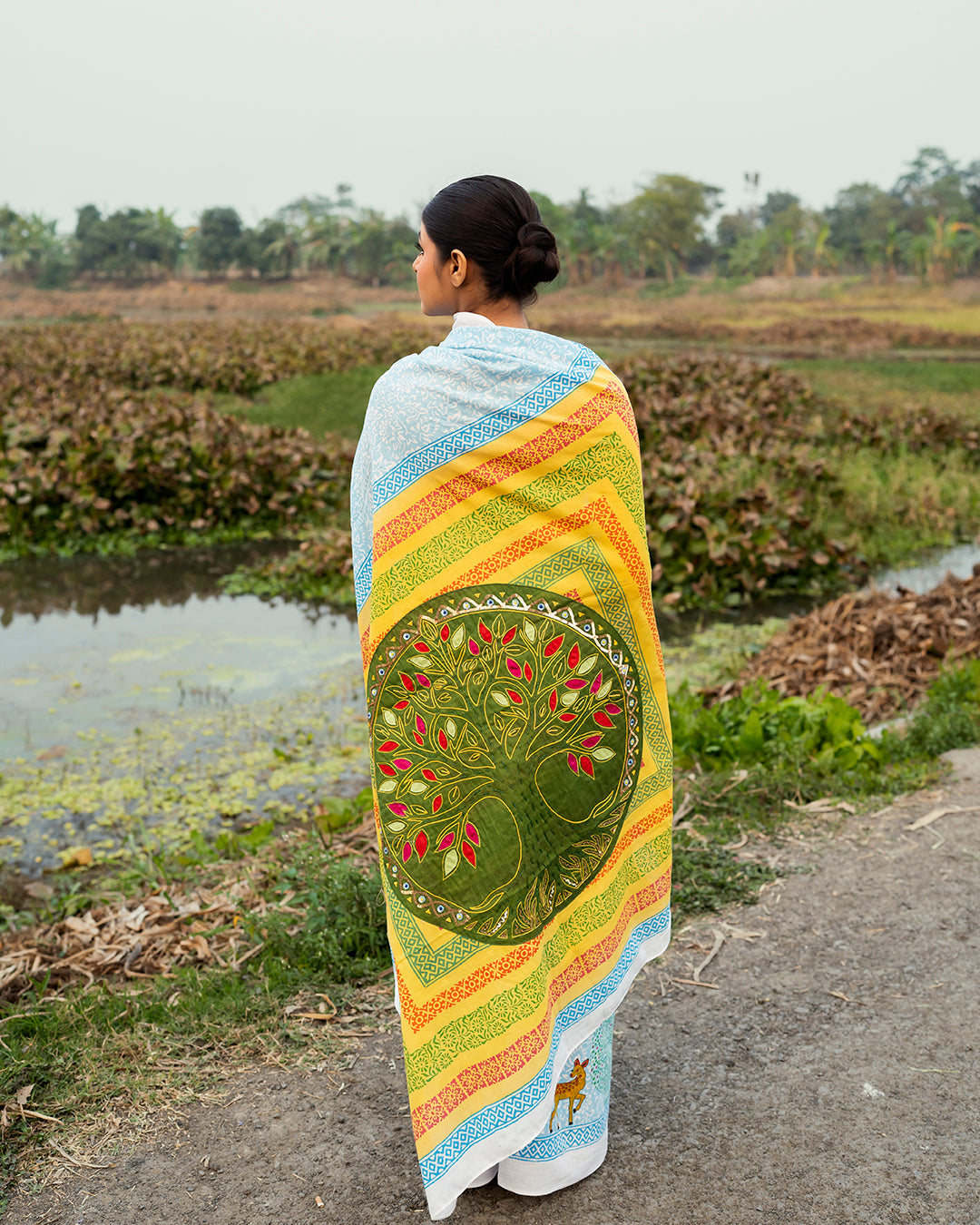 Tree of Life Appliqué Work Block Printed Saree