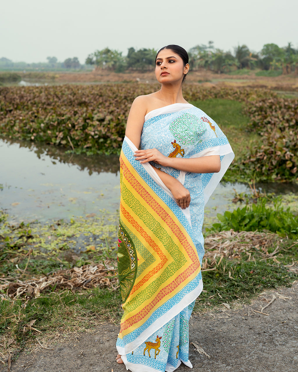 Tree of Life Appliqué Work Block Printed Saree