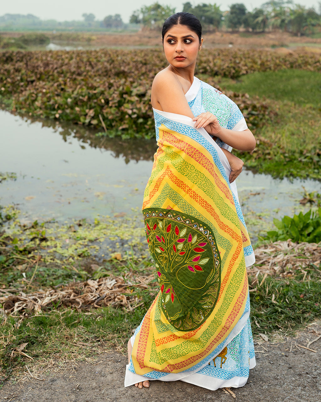Tree of Life Appliqué Work Block Printed Saree