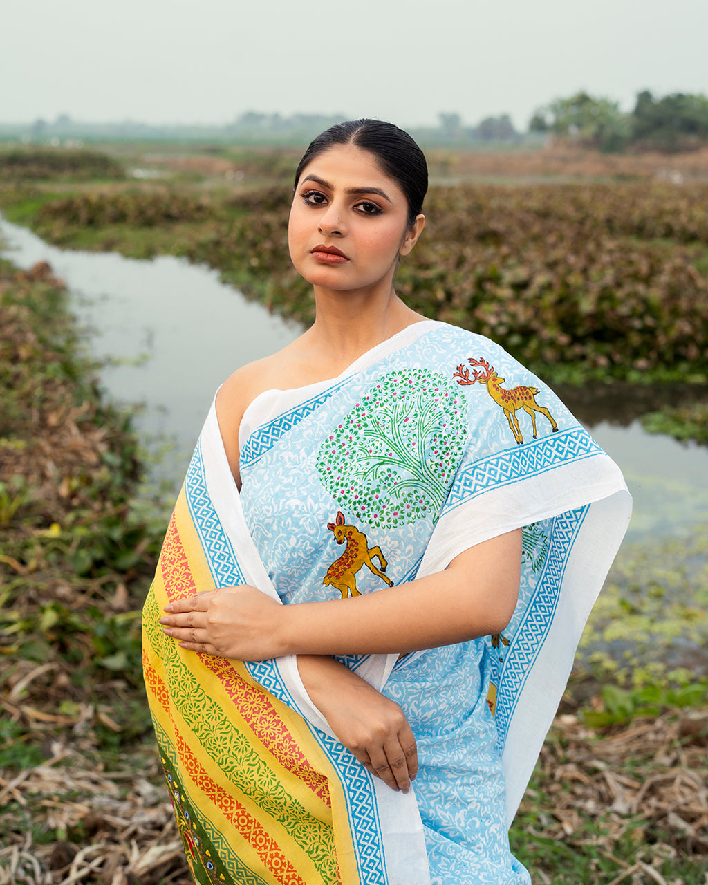 Tree of Life Appliqué Work Block Printed Saree