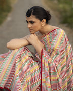 Hamsa Appliqué work Multicolour Stripe Block Printed Saree