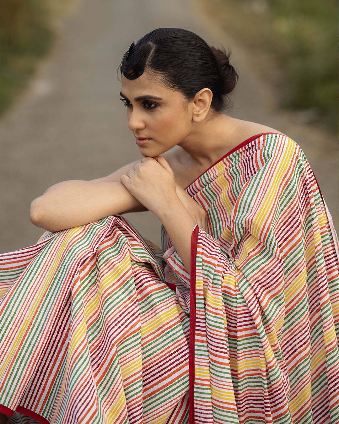 Hamsa Appliqué work Multicolour Stripe Block Printed Saree