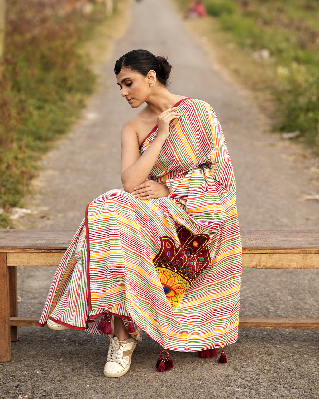 Hamsa Appliqué work Multicolour Stripe Block Printed Saree