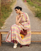 Hamsa Appliqué work Multicolour Stripe Block Printed Saree